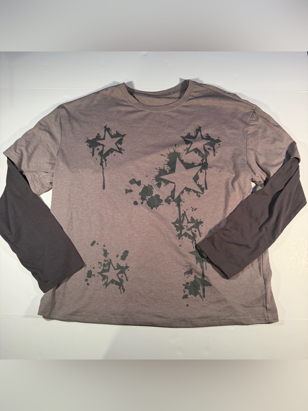 Y2K ROMWE Two-Tone Star Graphic Short Sleeve Tee - Taupe & Charcoal